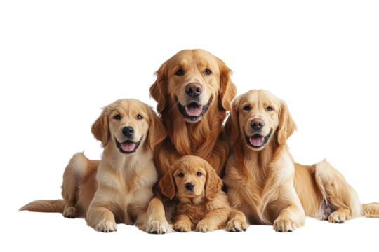 A family of Golden Retrievers, isolate on white background, showcasing their bond and joyful moments together. PNG