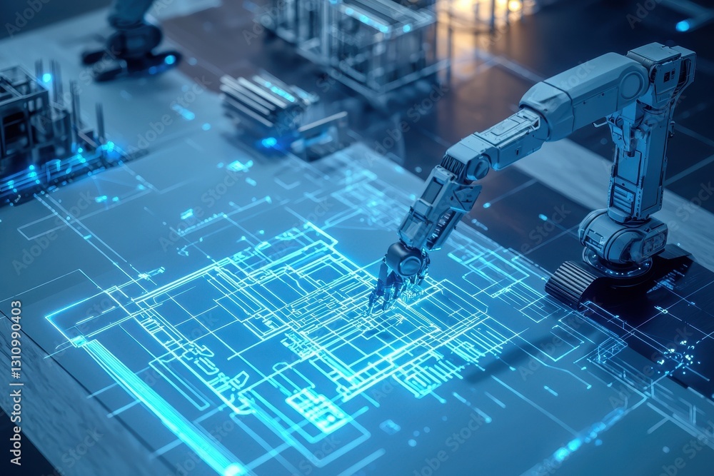 Poster a robotic arm interacts with a digital blueprint, showcasing advanced technology and automation in a