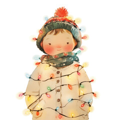 Fototapeta premium Child playing with holiday lights cozy home illustration joyful atmosphere warm viewpoint