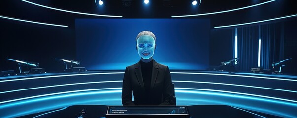Fototapeta premium A futuristic, humanoid figure with a smooth face and dark attire sits at a high-tech console in a blue-lit environment, exuding an air of mystery and advanced technology.