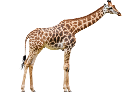 An elegant giraffe standing, isolate on white background, showcasing its unique features. PNG - Powered by Adobe