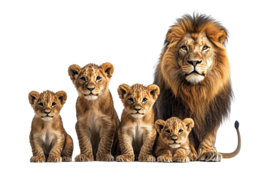 A family of lions, isolate on white background, demonstrating togetherness and strength in unity. PNG