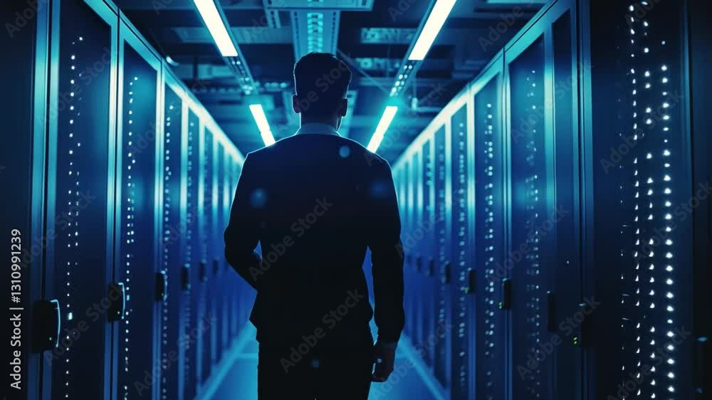 Poster modern infrastructure journey through digital data center with blue lighting and server racks, showc
