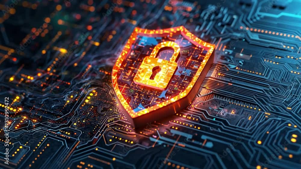 Poster secure digital shield padlock on circuit board for cybersecurity, data protection, and encryption in