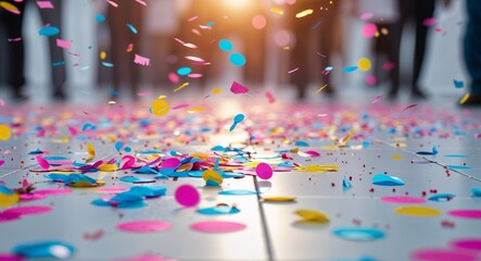 Colorful confetti scattered on a tiled floor at a festive event with blurred figures in the background and soft lighting Copy Space