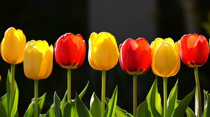 Obraz premium Vibrant spring tulips in full bloom with colorful petals against a soft natural background. Beautiful seasonal floral arrangement symbolizing love, renewal, and happiness.