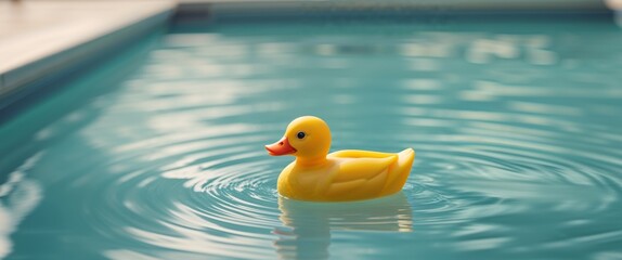 Yellow Rubber Duck Floating in Teal Pool Water.