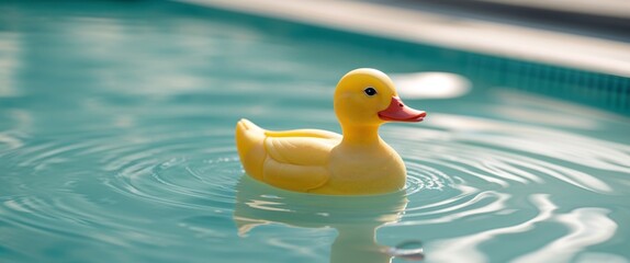 Yellow Rubber Duck Floating in Teal Pool Water