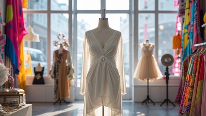 White dress displayed on mannequin in colorful fashion boutique