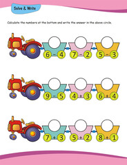 Obraz premium Calculate the number worksheet, addition for preschool and kindergarten, Solve and write. Count and write, Math worksheet for kids