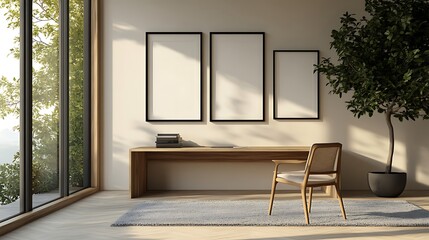 Modern minimalist style, light-colored walls with white wall frames hanging on the wall, a walnut wood desk and chair combination, a large black frame,