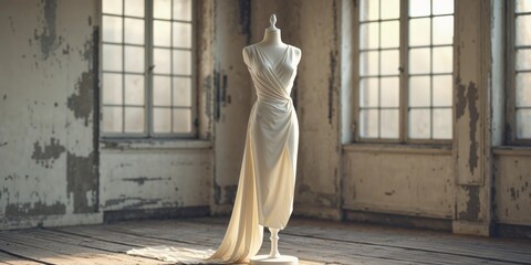 Mock up of stylish clothes displayed on mannequin in vintage studio setting with natural light