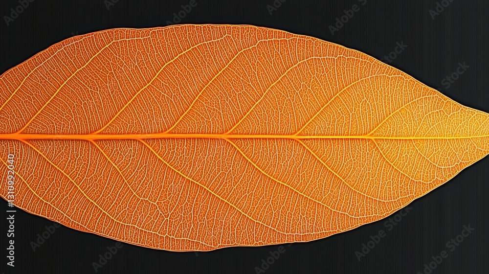 Poster a close-up view of a vibrant orange leaf with intricate vein patterns against a stark black backgrou