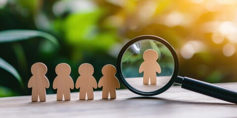 Fototapeta premium A magnifying glass focuses on a wooden figure among others, highlighting themes of observation and analysis against a lush green background.