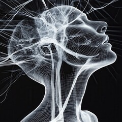 A close-up of a person featuring a wireframe head and neck design, showcasing intricate geometric patterns and lines, creating a futuristic and artistic appearance against a blurred background.