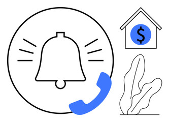 Bell signaling alert, phone receiver, house with dollar sign, and abstract plant. Ideal for finance, real estate, communication, notifications, support reminders apps flat simple metaphor