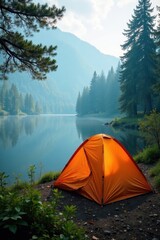 Bright orange canvas tent, reflecting misty lake, tranquil forest scene , photo, peaceful