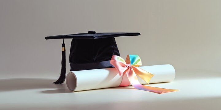 Graduation hat with diploma and ribbon on pastel background.