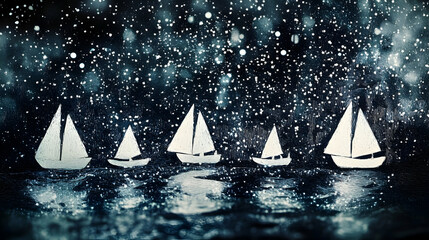 Miniature sailboats, night, water, starry