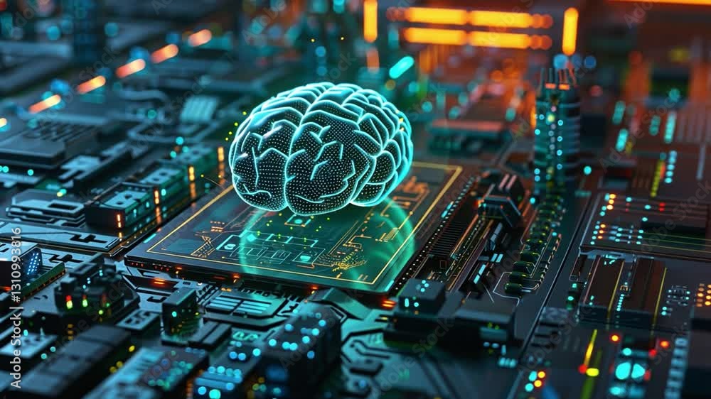 Poster digital brain on circuit board fusion of artificial intelligence, futuristic technology, and neural 