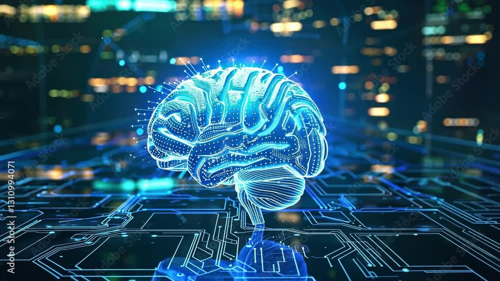 Poster glowing digital brain fusion of artificial intelligence, technology, and futuristic circuits driving