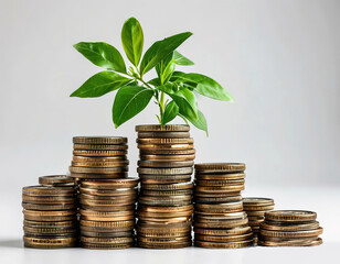stacks of coins and a plant on top. earnings growth concept.
