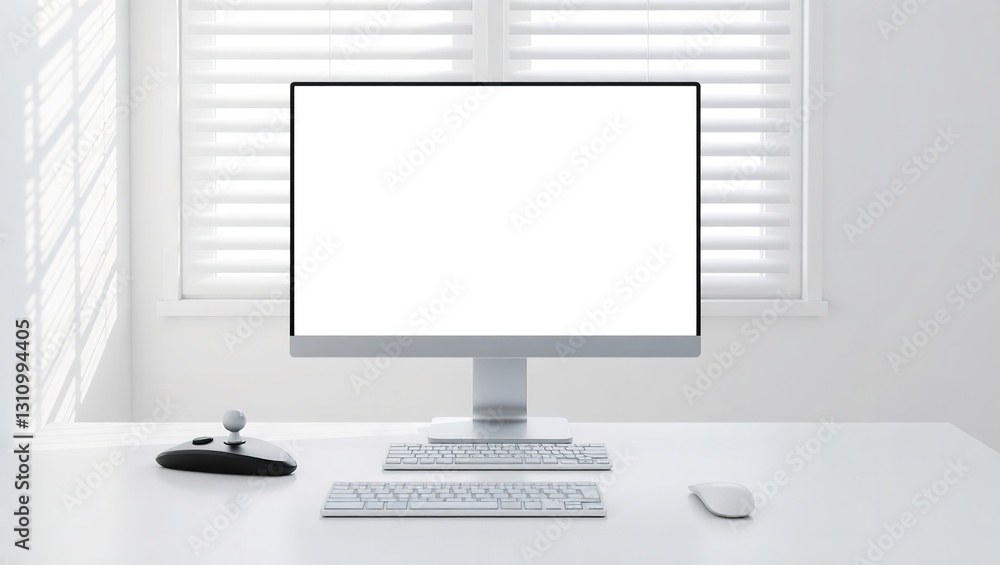 Poster a sleek modern computer monitor with a blank glowing screen on a dark background