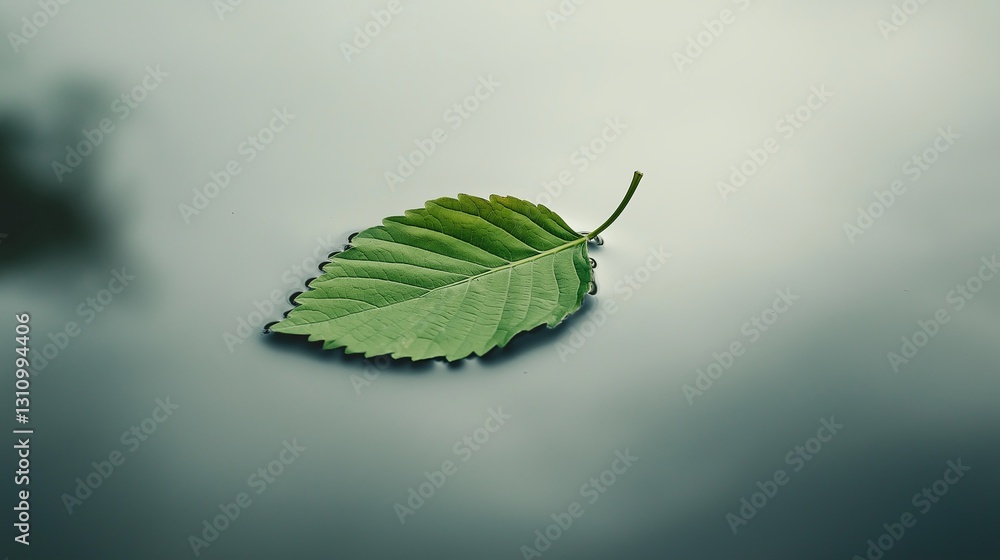 Poster a single green leaf floating on a white, empty surface