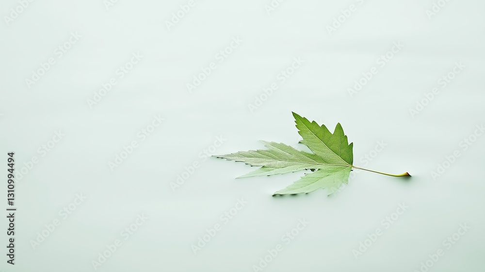 Poster a single green leaf floating on a white, empty surface