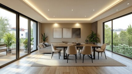 Fototapeta premium Bright and airy apartment features a stylish dining area with modern furnishings and large windows, showcasing lush greenery outside. Perfectly designed for comfort and elegance