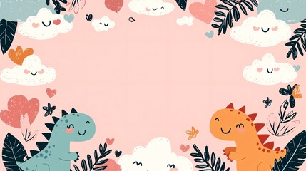 Fototapeta premium Cute Dinosaur and Cloud Illustration with Plants and Hearts