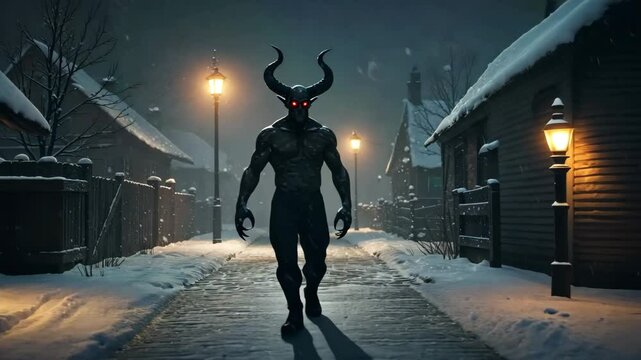 Mysterious horned demon with glowing red eyes walking in a snowy village at night