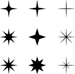 Set of black stars sparkles and twinkles symbols. Bright flash, dazzle light, shiny glow icons collection. Star light particles. Vector illustration.