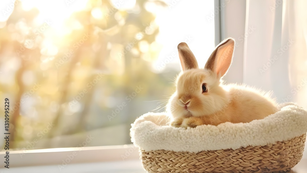 Poster a fluffy rabbit resting in a cozy basket by a window with soft sunlight shining through. concept flu