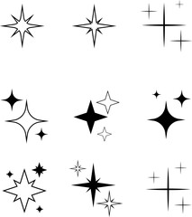Shining stars icon set. Sparkle stars icons. Twinkle stars collection. Different star shapes. Effect shine, glitter, twinkling and clean. Vector illustration.