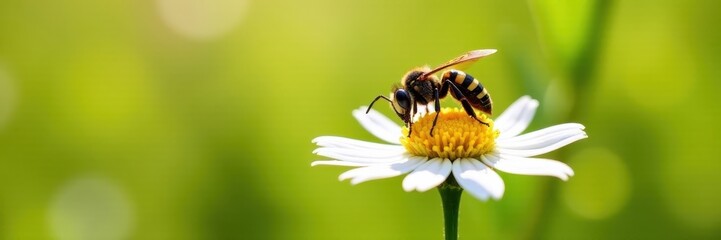 Striped wasp feeding on white wildflower, sunny field , photography, white, beautiful