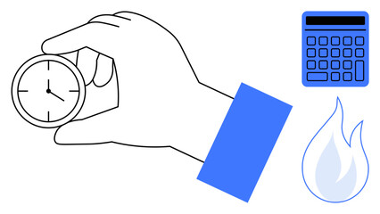 Hand holding clock symbolizes time management, with a calculator for calculation or planning alongside a flame representing urgency or energy. Ideal for time management, efficiency, productivity