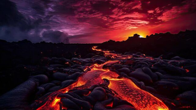 Fiery Lava Flow at Sunset Volcanic Rocks and Dramatic Sky