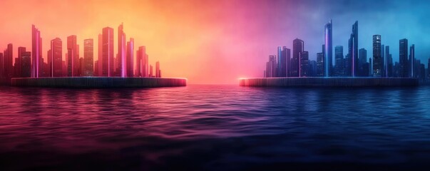 Fototapeta premium Iceberg melting concept. A vibrant skyline illuminated by colorful twilight over calm waters.