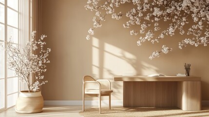 Peaceful home office, cherry blossoms, sunlight, minimalist design, work space