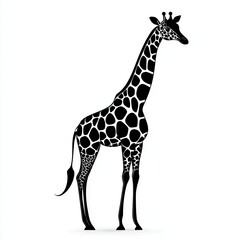 Naklejka premium Artwork of a tall black and white silhouette giraffe against a white background.