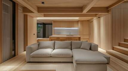 Fototapeta premium Light beige sectional sofa in a modern, wood-paneled living room. Perfect for showcasing minimalist interior design, home decor, and real estate projects.