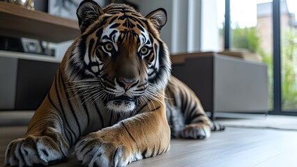 A tiger resting indoors, showcasing its striking fur pattern and intense gaze. Natural light filters through a window nearby. Concept Tiger Portrait, Indoor Natural Light, Striking Fur Patterns