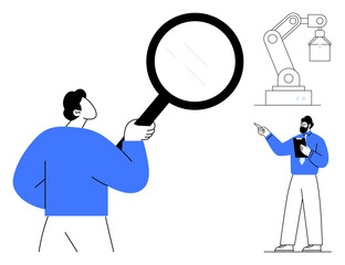 Magnified inspection of robotic arm in use, man holding clipboard and pointing. Ideal for analysis, quality control, innovation, automation, technology, engineering research. Flat simple metaphor