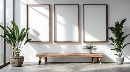 Three blank picture frames on the wall, a modern living room with a wooden console table and a potted plant, simple minimalist decor, natural light, white walls,