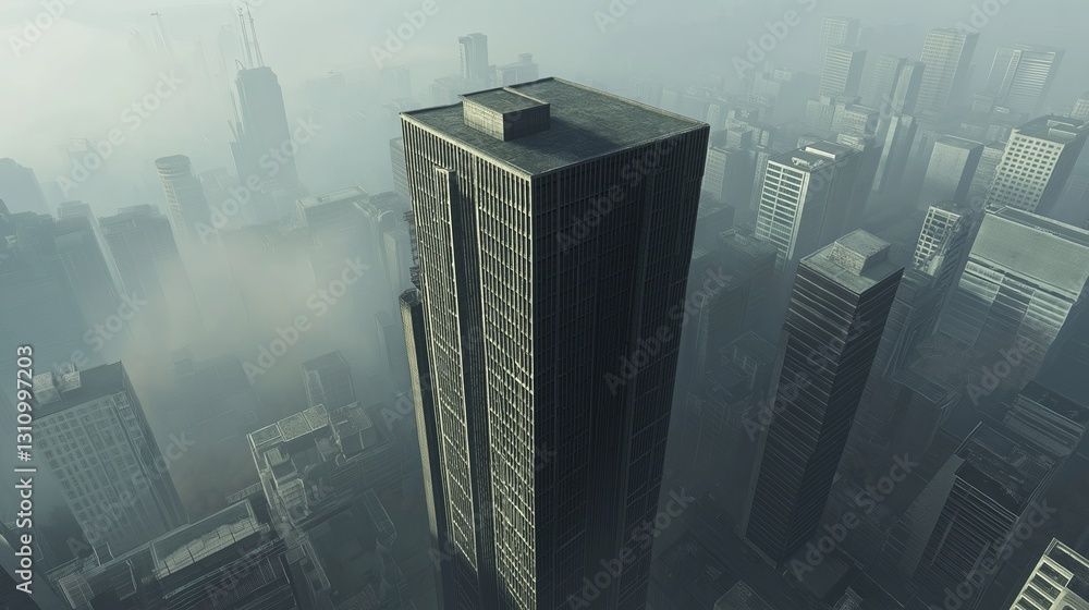 Poster a single skyscraper with no windows, placed in a foggy cityscape