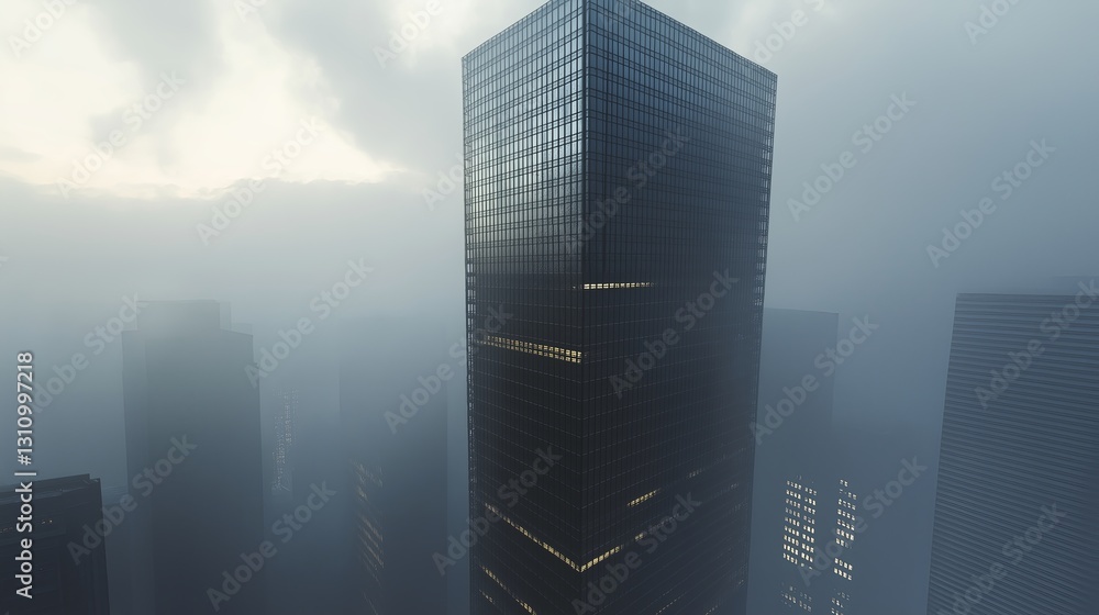 Aufkleber A single skyscraper with no windows, placed in a foggy cityscape