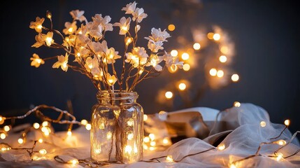 Soft Glow of Fairy Lights Illuminating Romantic Scene with Flowers in a Jar on a Gentle Background