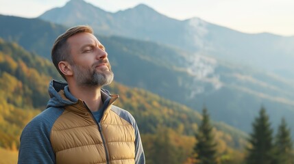 Man with asthma enjoys fresh mountain air while hiking in the serene wilderness