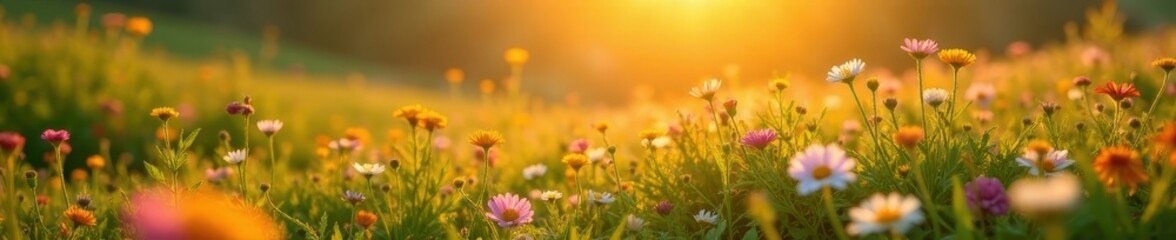 Wildflower hillside bathed in golden sunlight, close up , macro, plant, bloom
